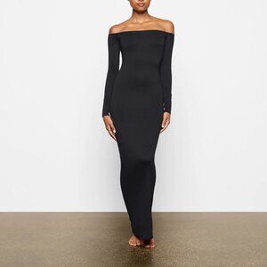 Skims Smooth Soft Lounge Black Off Shoulder Maxi Dress Small